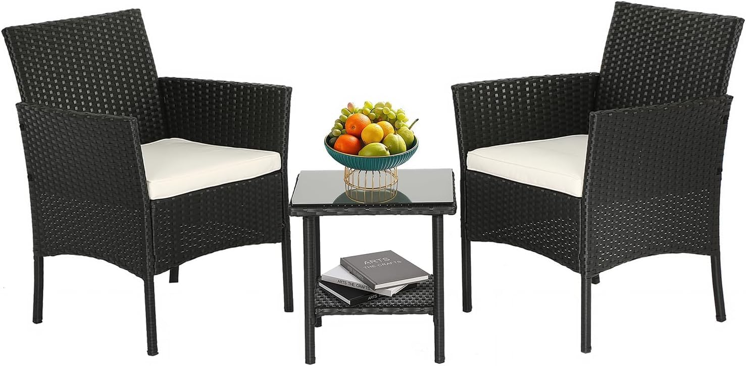 A Set of Three-piece Furniture, Rattan Chairs and A Glass Coffee Table, for Use in The Courtyard and Garden.(Black and Khaki)
