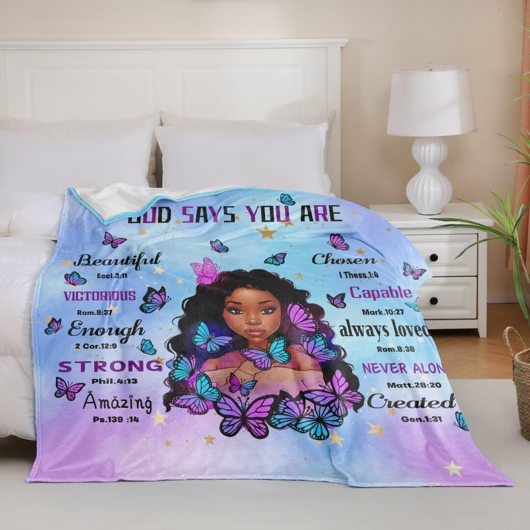 Black Girl Christian Blanket 50x60,Soft Black Girl Magic Throw Blanket,God Says I Am Blanket,Religious Christian Inspirational Gifts with Bible Verse and Inspirational Thoughts for Girls Women Faith