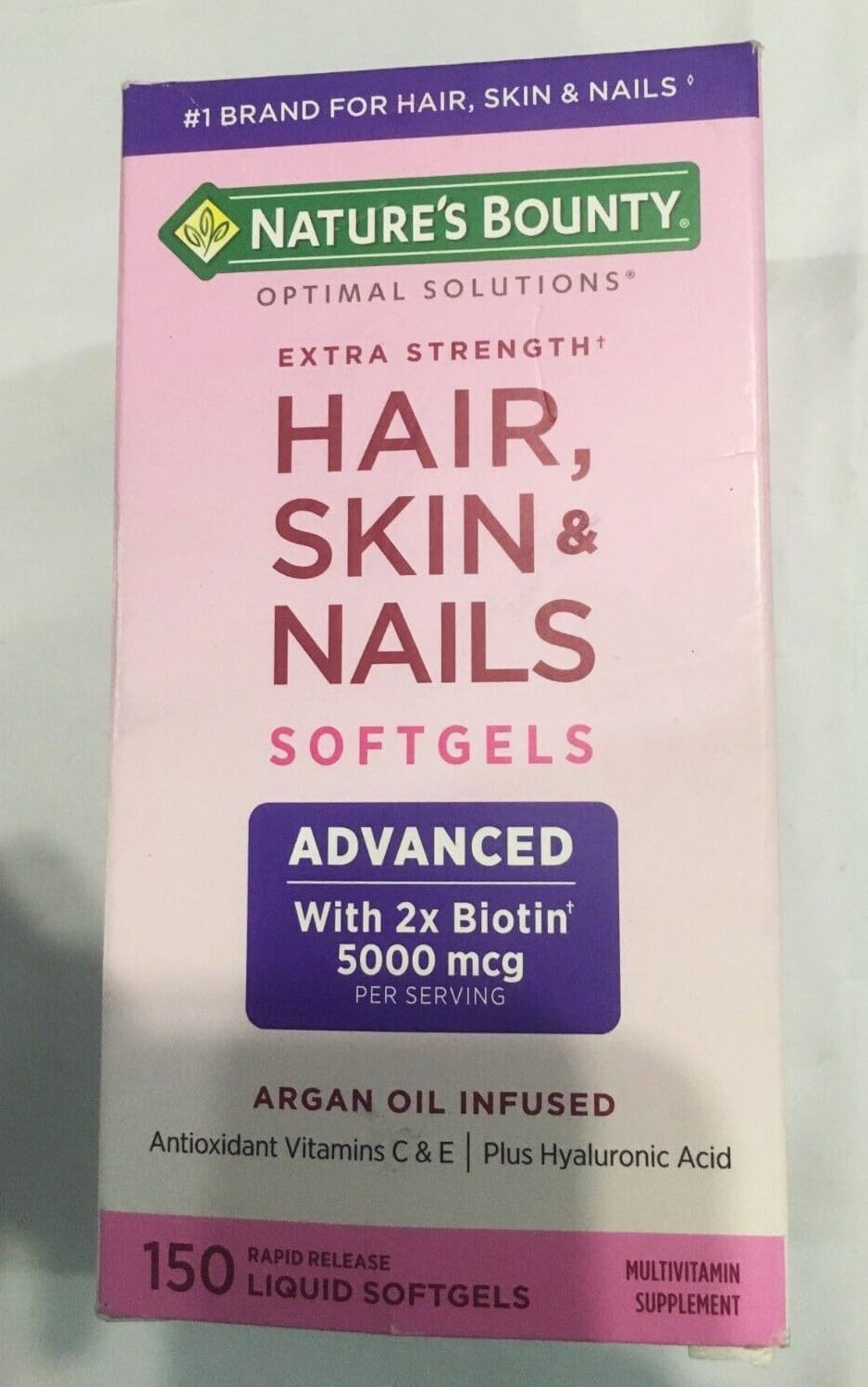 Nature's Bounty Optimal Solutions Extra Srength Hair Skin & Nails 5000 mcg of Biotin, Softgels 150 ea (Pack of 3)