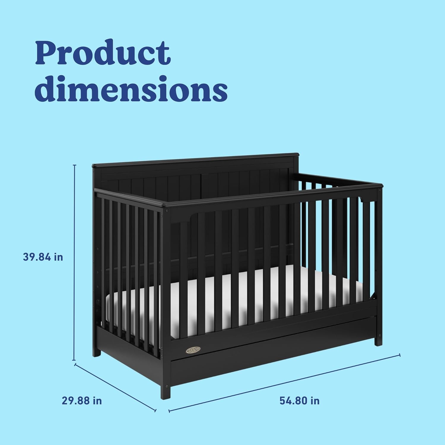 Diagram showing the product dimensions of the Graco Hadley crib: 39.84 inches height, 29.88 inches depth, and 54.80 inches width.