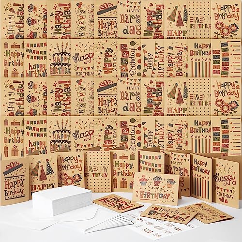 Image of Harloon 200 Pack Happy Birthday Card Assorted Bulk with Blank Envelopes and Stickers 4 x 6 Inches Greeting Blank Happy Birthday Cards for Men Women Adults Kids, 20 Styles(Kraft Style)