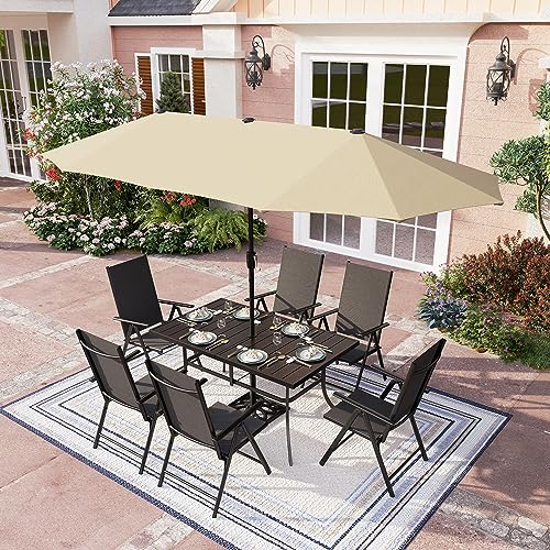 PHI VILLA 7 PCS Patio Dining Set with Umbrella Outdoor Dining Set with 6 Adjustable Folding Patio ChairsBlack Beige Patio Umbrella for Backyard