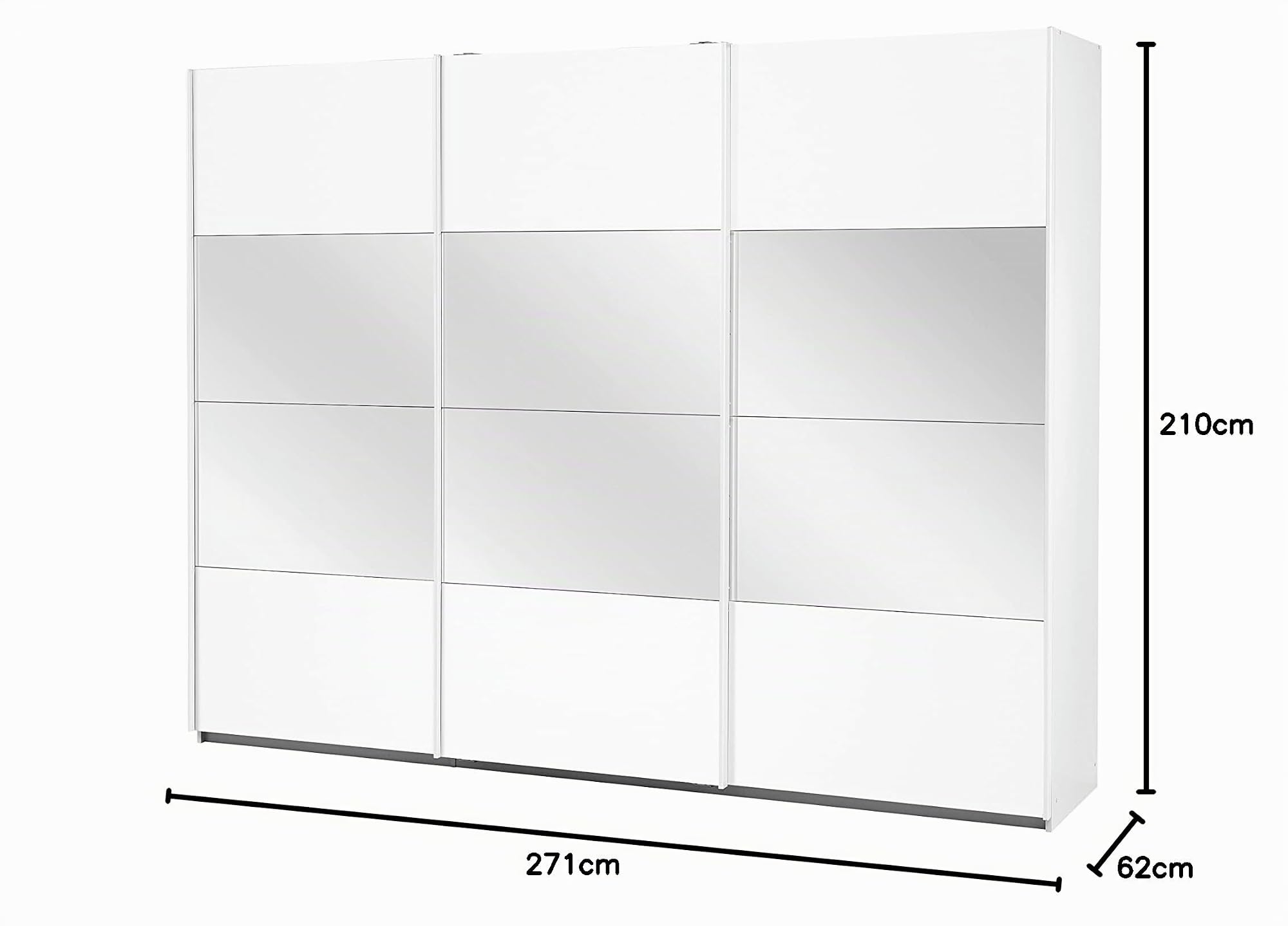Rauch Möbel Quadra - Armario de 3 Puertas con Espejo, Incluye Accesorios Classic con 3 Barras para Ropa, 5 estantes y 1 Barra de Ganchos, Color Blanco Alpino, 271 x 210 x 62 cm