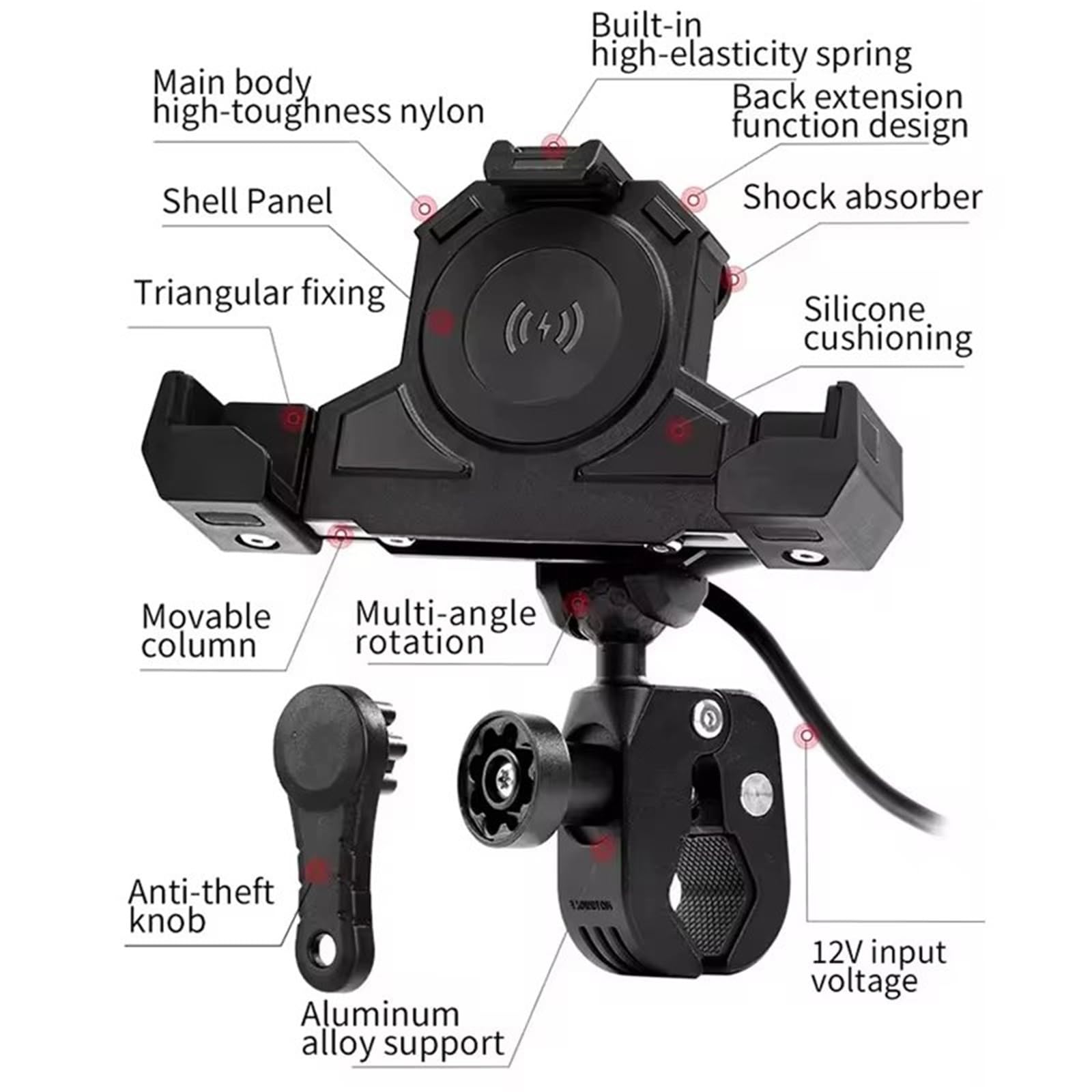 Support De Barre De Navigation De Moto Support Triangulaire Fixe Chargement sans Fil Navigation pour Moto Extérieure, Téléphone Portable Absorbant Les Chocs(Uncharge - Handlebar)