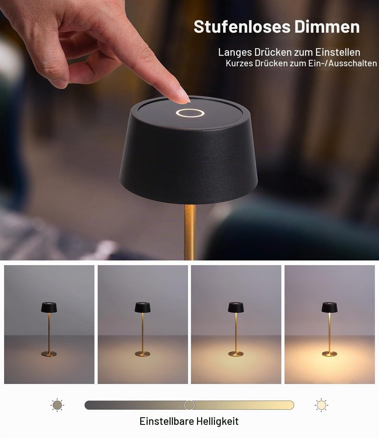DAWALIGHT Dimmbare Tischlampe Kabellos 4000mAh Tischleuchte LED Akku mit Touch Schalter 2700K Warmweiß Modern Wiederaufladbar Metall Lampe Tisch für Wohnzimmer Schlafzimmer Innen, Schwarz und gold