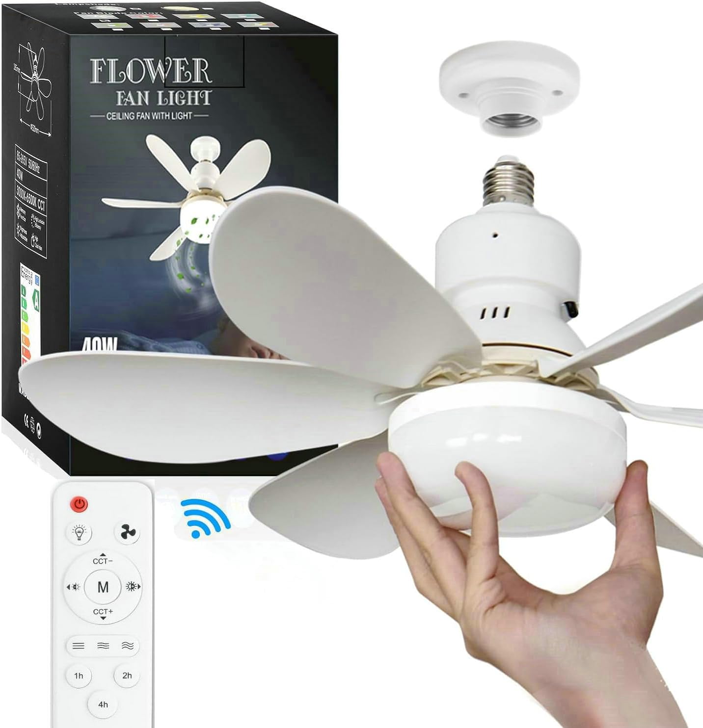 HFAN Ceiling Fans with Lights, E27 40W 20.5inch Small Ceiling Fan with Light RC Timing, 3 Speeds 3 Colors (3000-6500K) LED Ceiling Light, Modern Fan Lamp for Bedroom Living Room