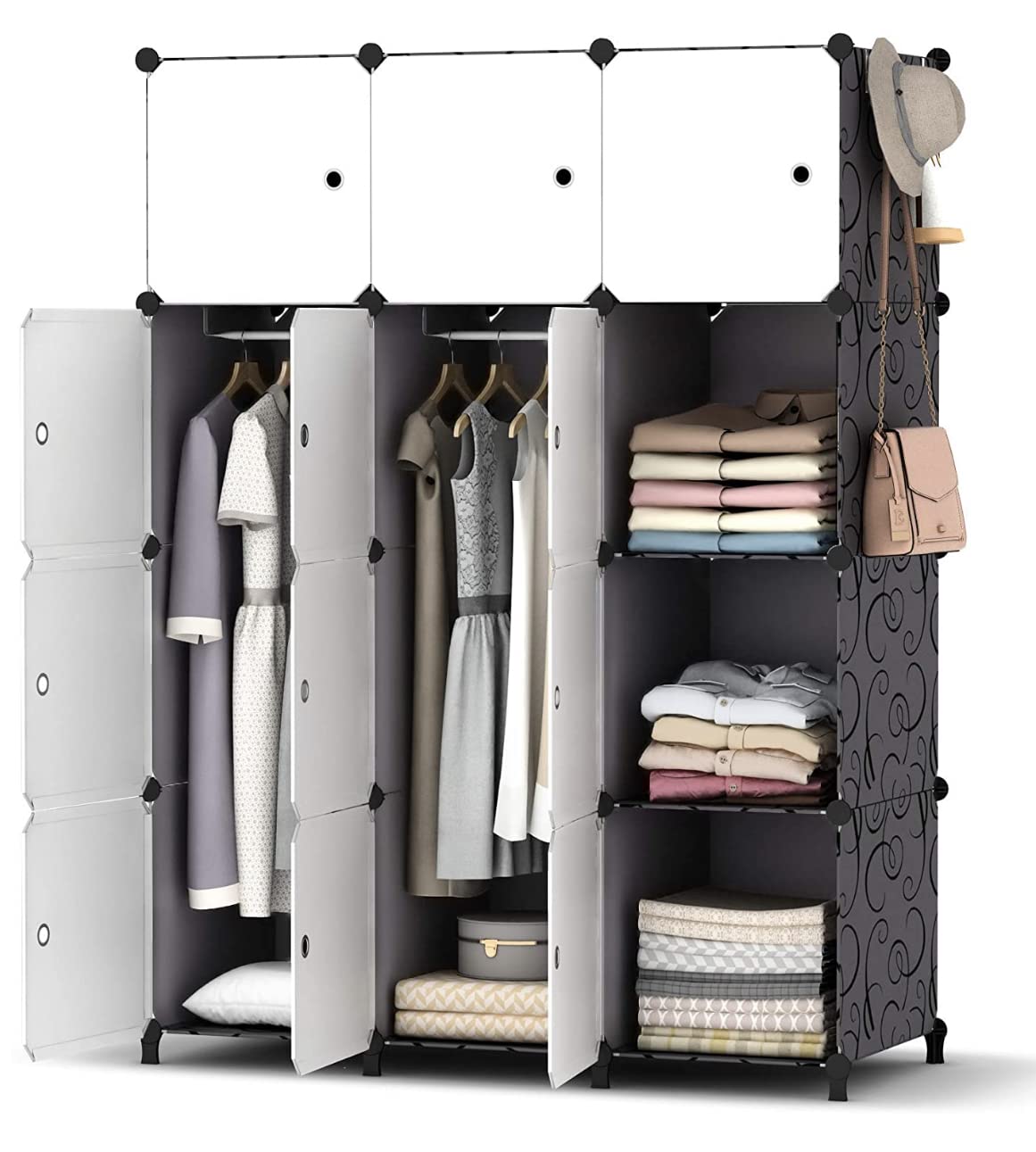 Wardrobe AGASY 111 x 47 x 147 cm (W xDx H) Clothes Organizer (Black and White) (Black and White, 12 Cubes)