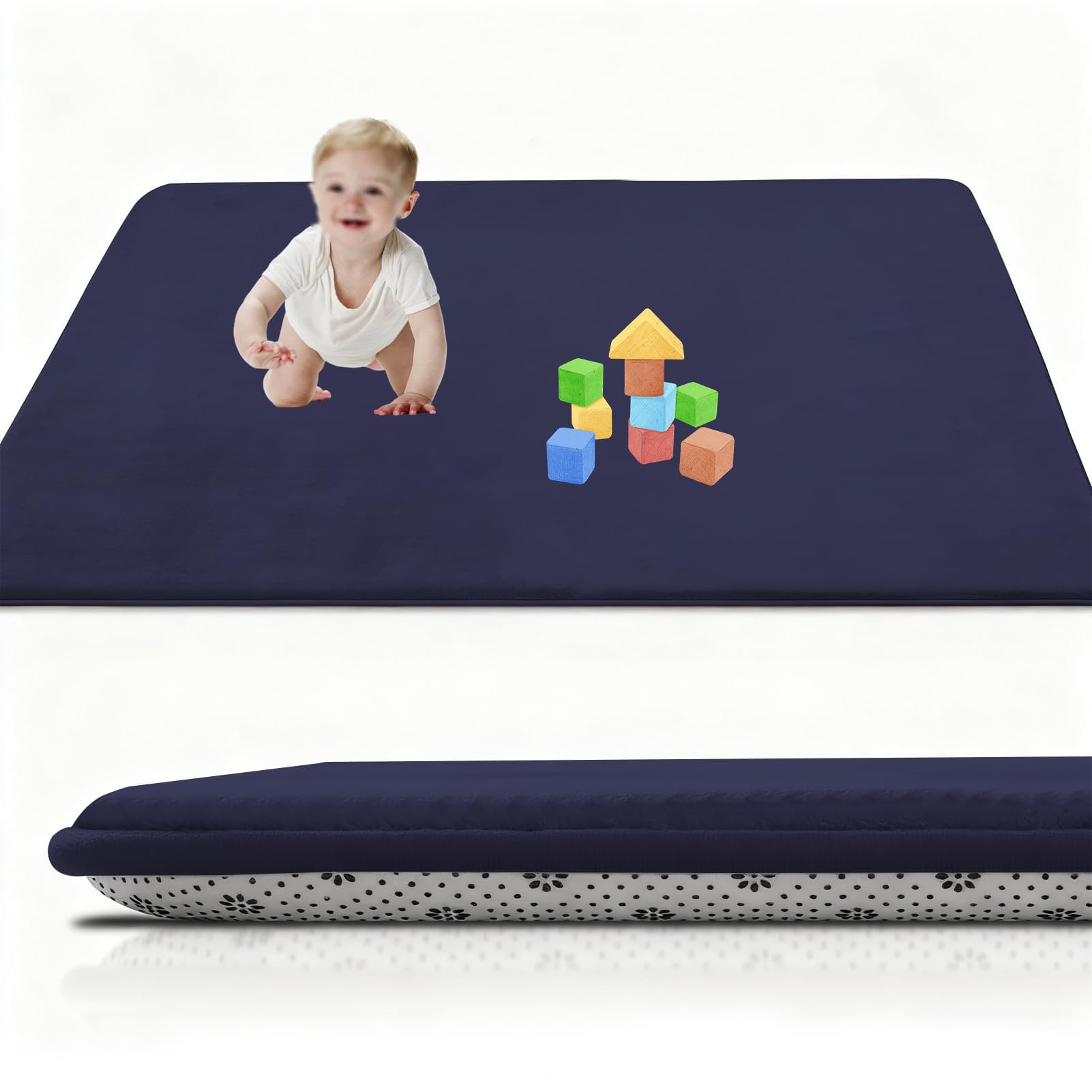 Baby Spielmatte, 3cm Dickes Extra groß Memory-Schaumstoff Matte für Bauchlage 80 x 150 cm Dunkelblau, Korallensamtteppich, Tatami-Matte Rutschfester Kinderteppich, Krabbelmatte