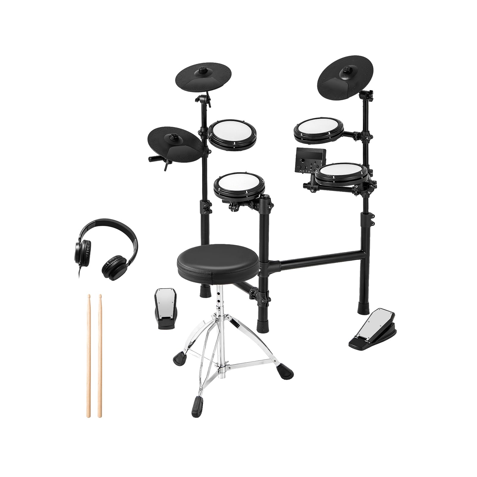 RELAX4LIFE Set di Batteria Elettronica Pieghevole con Pad, Piatti da 24 cm, 150 Suoni, 10 Demo, Interfaccia MIDI USB, Pedali, Bacchette, Sgabello Regolabile e Cuffie, per Principianti e Professionisti