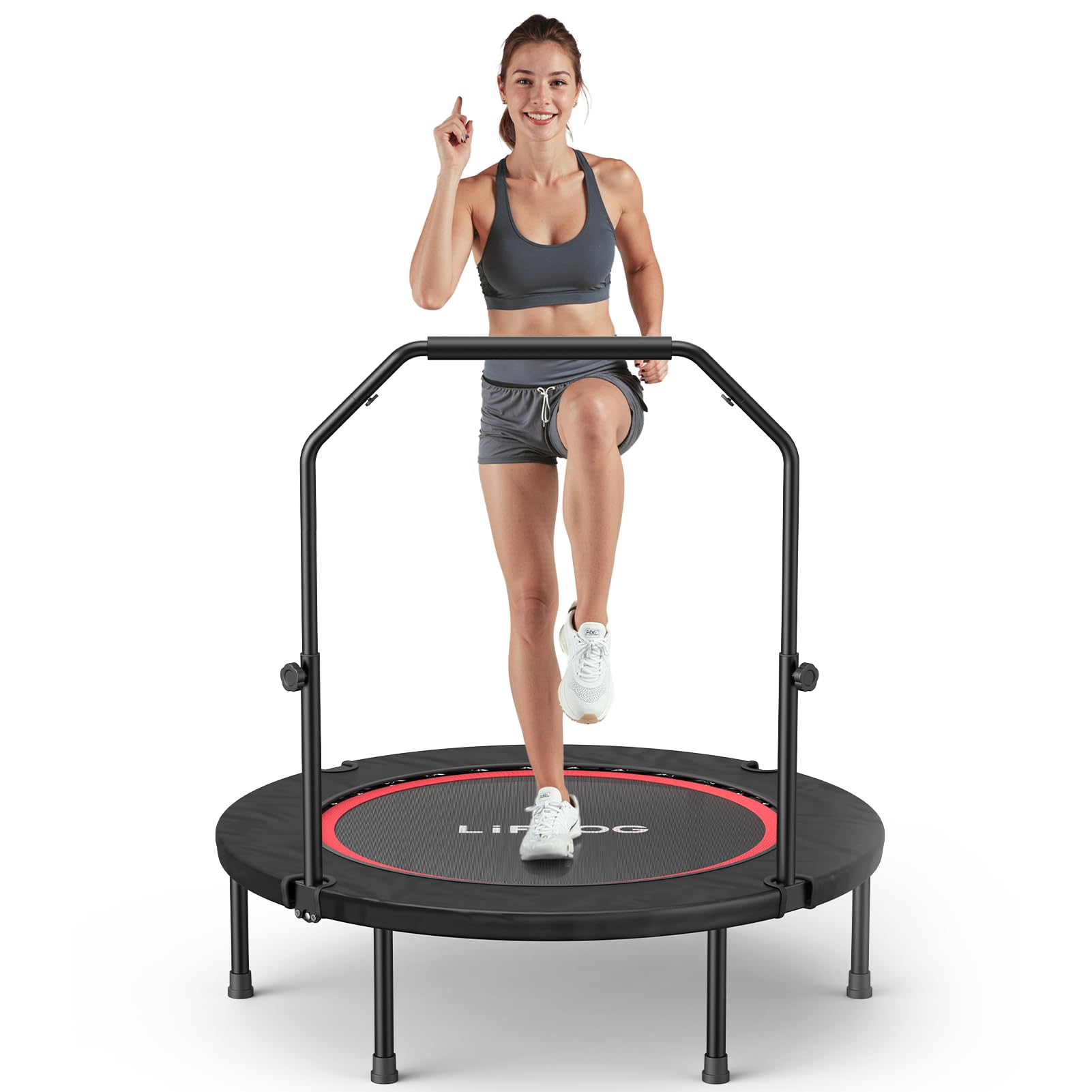 LifeOG 40"/48" Foldable Mini Trampoline Max Load 330lbs/440lbs, Fitness Rebounder with Springs, 5 Level Adjustable Foam Handle, Exercise Trampoline for Adults Indoor/Garden Workout