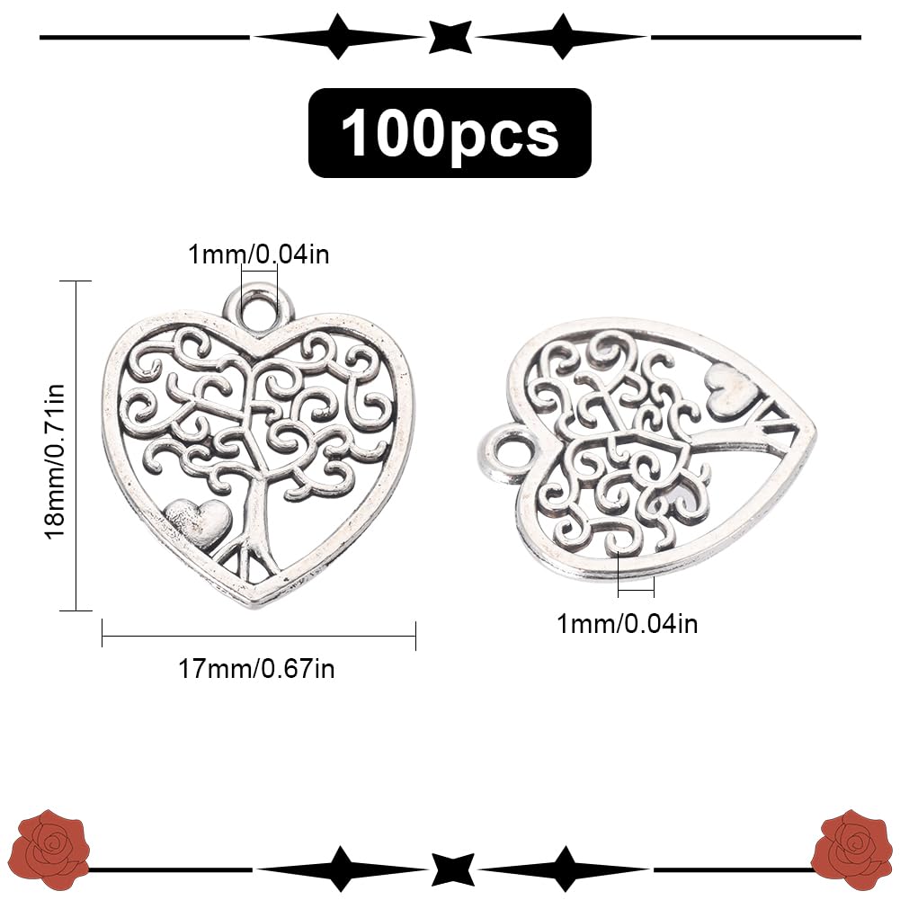 SUNNYCLUE 1 Box 100Pcs Heart Tree of Life Charm Small Silver Tree Charms Bulk Tibetan Style Alloy Pendants Metal Plant Lucky Charm for jewellery Making Charms Supplies DIY Necklace Earring Women Adult - Image 2