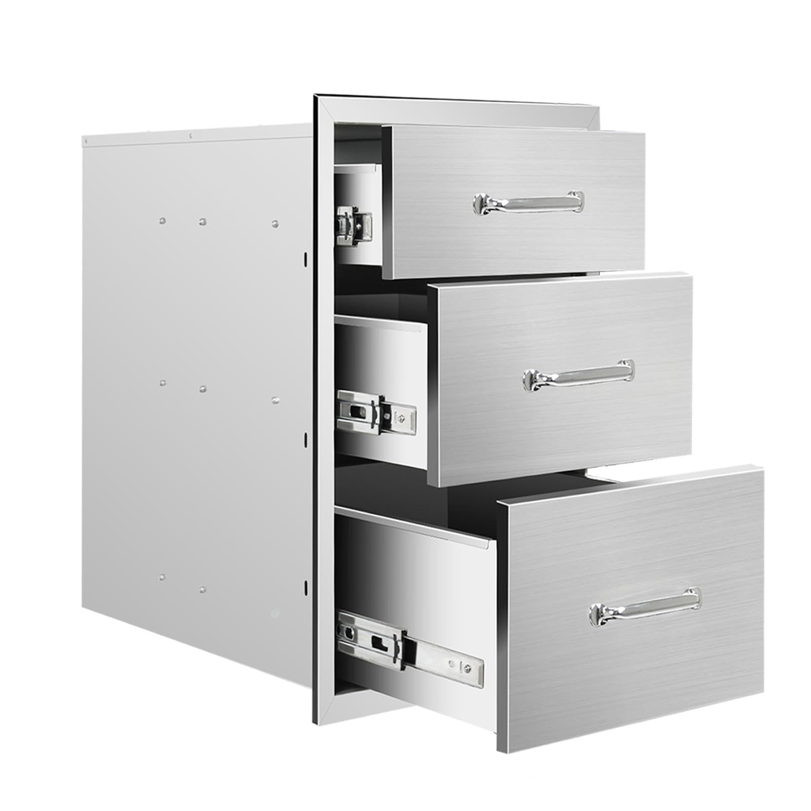 Outdoor Kitchen Drawers 14" W x 21" H x 23" D Flush Mount Triple BBQ Drawers with Chrome Handle Stainless Steel Drawer for Outdoor Kitchen Island, Patio Grill Station