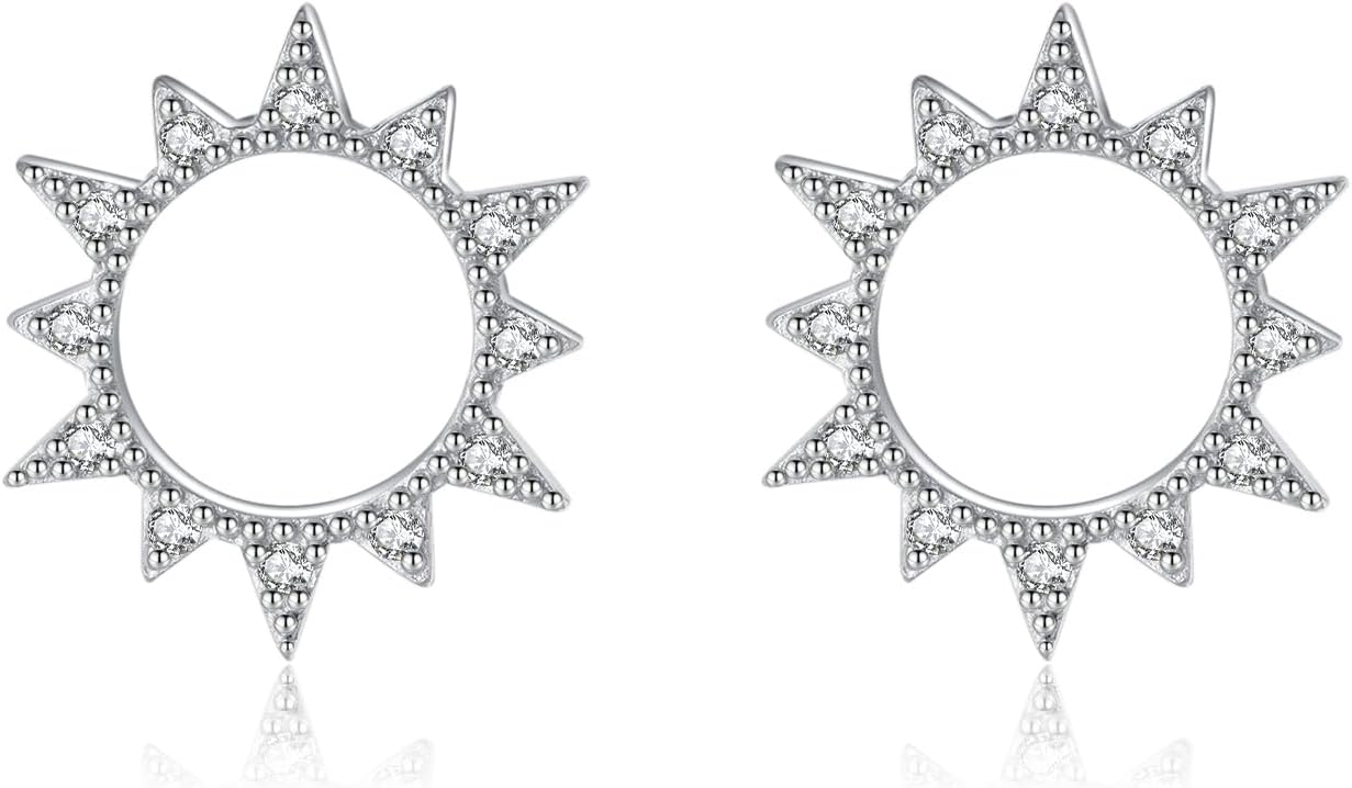 Reffeer Solid 925 Sterling Silver Sun Earrings Stud for Women Teen Girls Hollow Stud Earrings CZ Circle Earrings