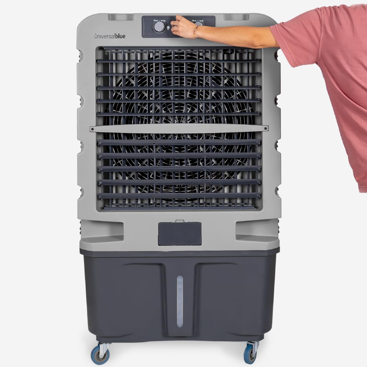 UNIVERSALBLUE Climatizador Evaporativo 120L, Caudal 10.000 m³/h, Cobertura 80 m², 350W, 3 Packs de Hielo, con Ruedas, Interiores y Exteriores, Almacenes