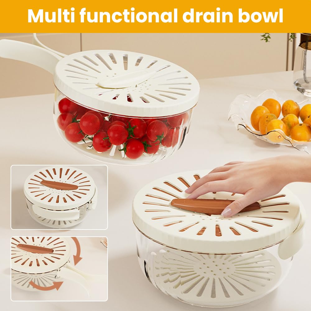 Multifunctional Fruit and Vegetable Washing Bowl, 2025 New Fruit Drainer Container with Handle and Cover, 2-in-1 Drainer, Bilayer Collapsible Fruit Washing Basket (Brown)