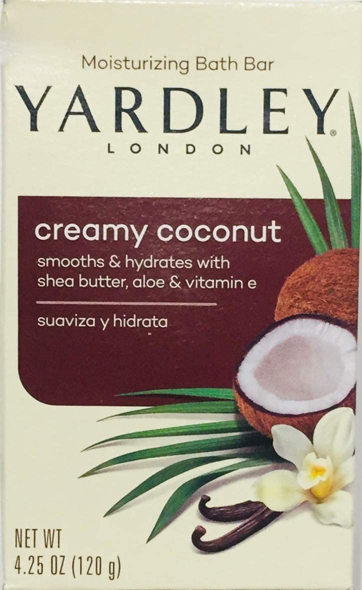 Yardley London Nourishing Creamy Coconut Bath Soap Bars, Luxury Bar Soaps with Shea Butter, Aloe & Vitamin E, 4.0 oz, Pack of 4