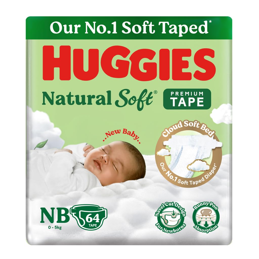 Huggies Natural Soft Premium Tape Diapers Newborn/Extra Small (NB/XS) Size, Upto 5 kgs, 64 Count | Our No.1 Soft Taped Diaper with Cloud Soft Bed, designed for Newborns with Runny Poo Absorption