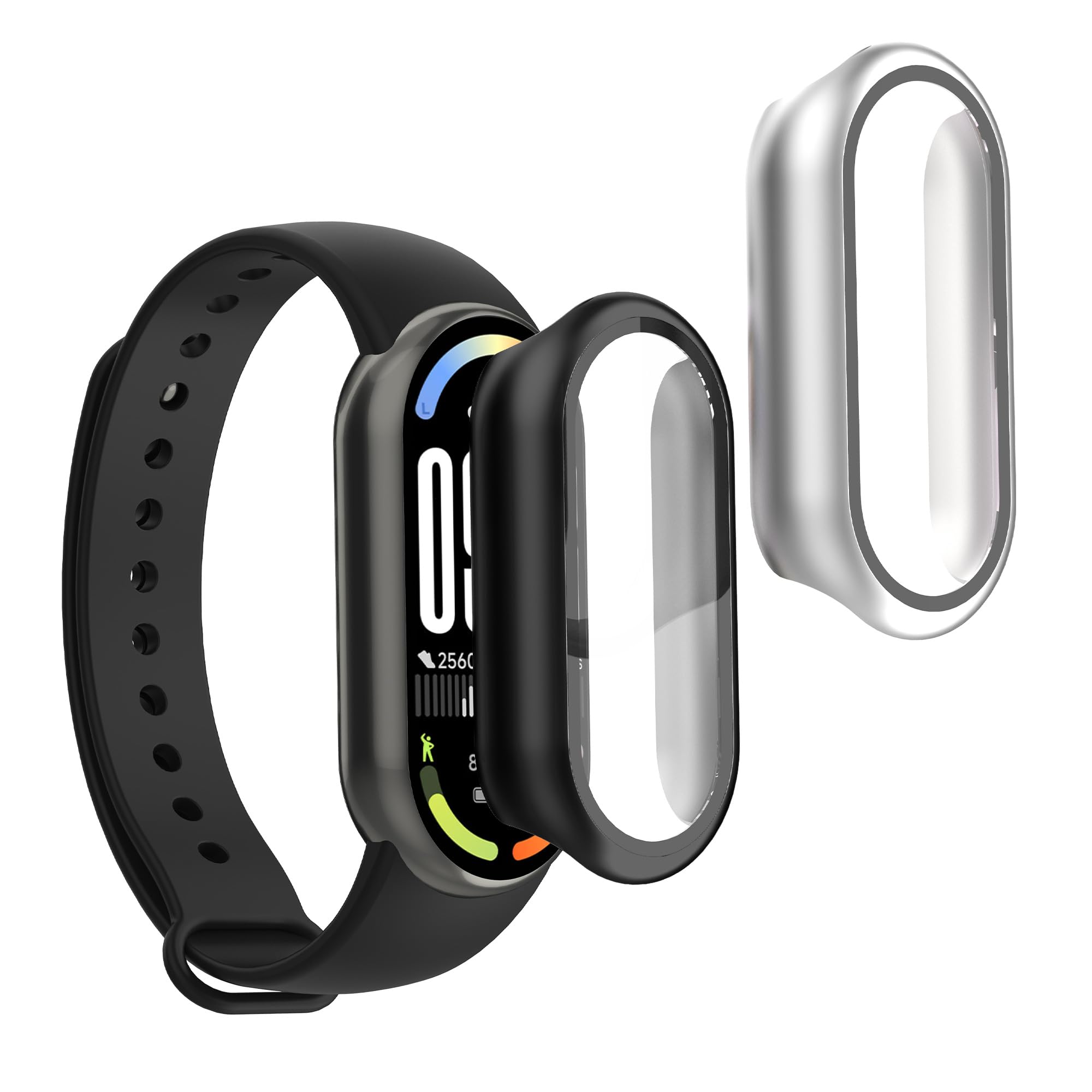 kwmobile 2X Etui kompatybilne z Xiaomi Mi Band 10 / Smart Band 10 - kompletne etui z pełnym szkłem na fitnesstracker - czarno-srebrny