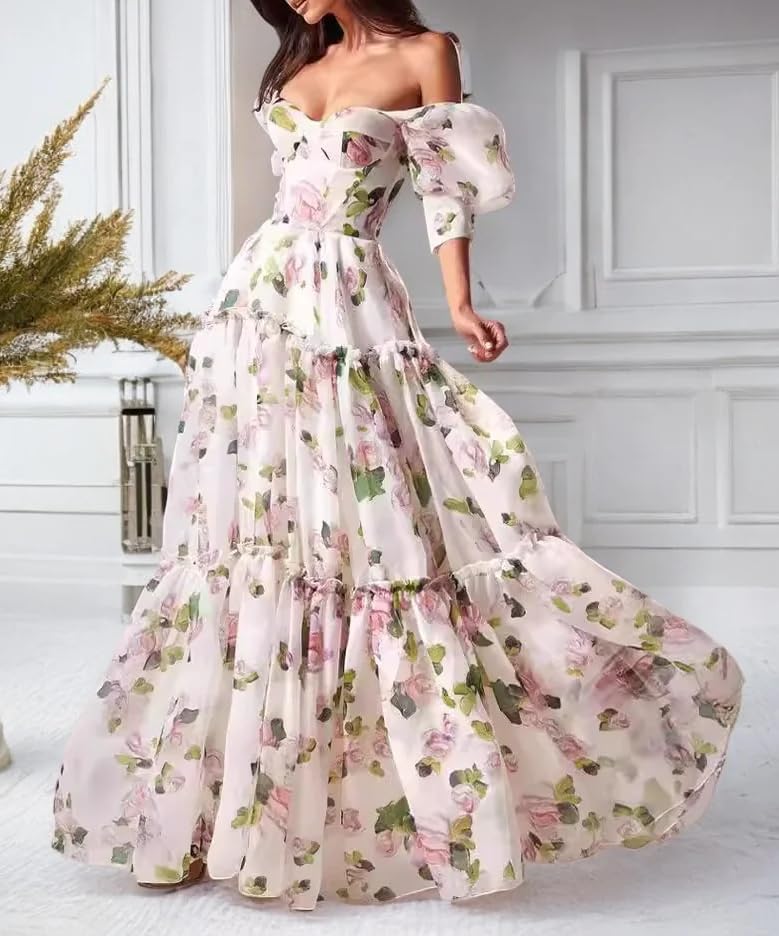 NeeMee Floral Dress Half Sleeve Drawstring Puffy A-Line French Beach Wedding Graduation Party Gown - Image 2