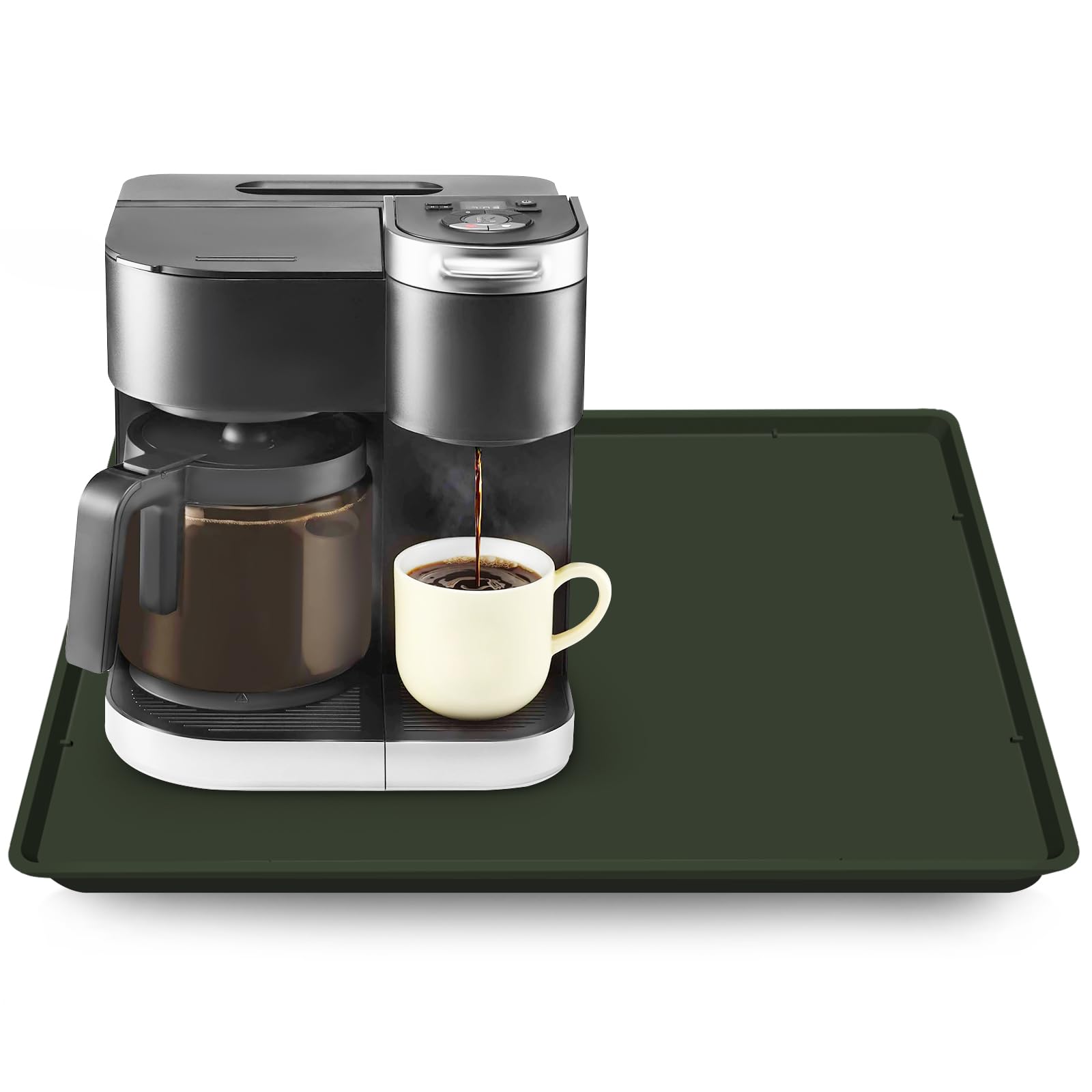 Silicone Coffee Maker Mat with Lip for Countertops, 19.7''x15'' Dark Green