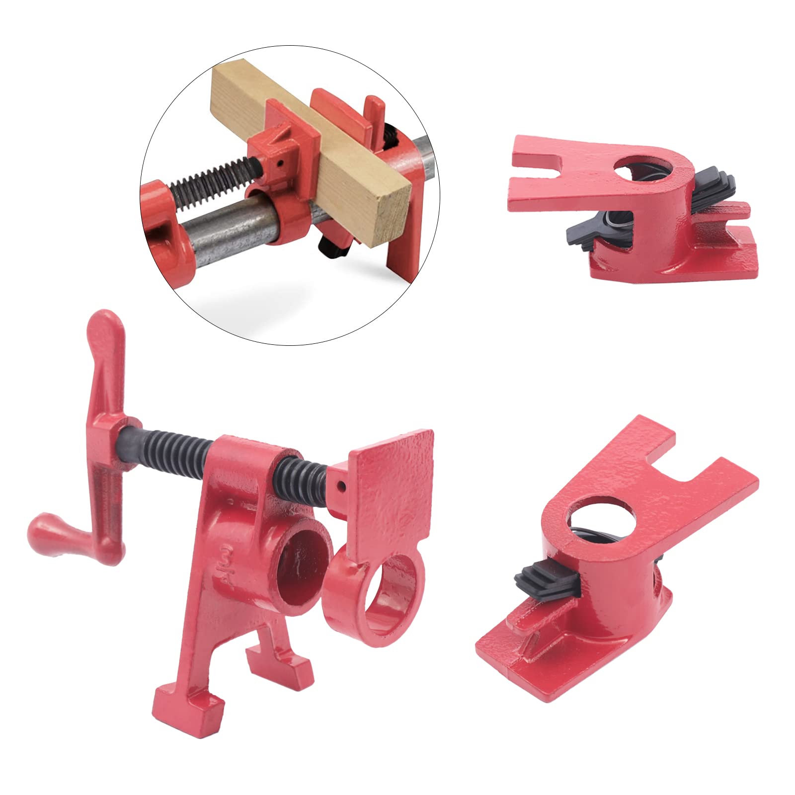 Juego de 4 abrazaderas de madera de 3/4 pulgadas para tuberías, de hierro fundido, de liberación rápida, con base ancha, herramientas auxiliares, adecuadas para carpinteros