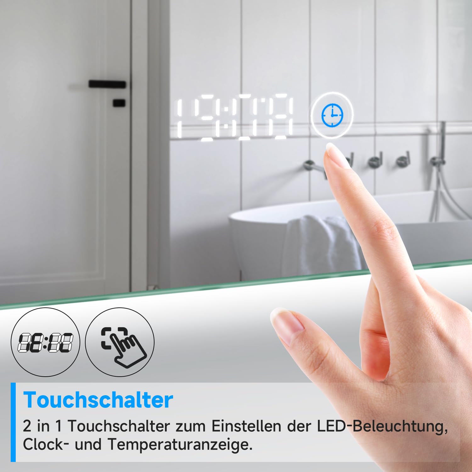 SONNI Badspiegel mit Beleuchtung 120×60 cm, Uhr und Temperatur