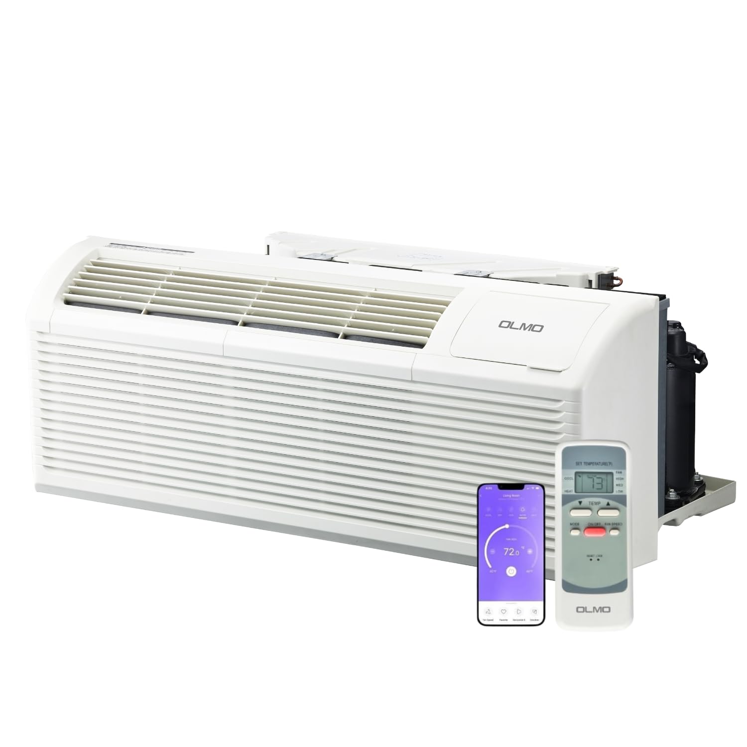 Aire acondicionado OLMO 9000 BTU PTAC con paquete de calefacción y refrigeración, tira de calor integrada, calentador eléctrico de 3,5 kW, incluye kit inteligente inalámbrico, cable de alimentación remoto, refrigerante R 32