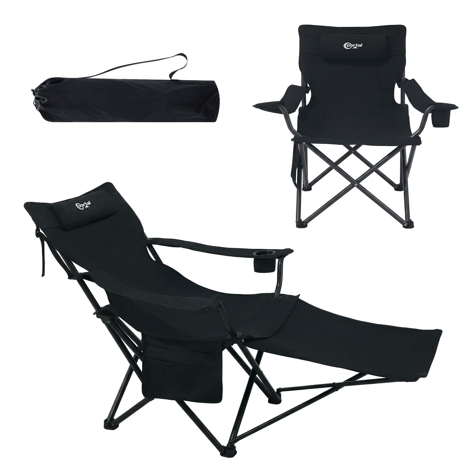 Portal 2-in-1 Campingstuhl Faltbar 180KG, 3-Fach verstellbar mit Fußstütze, Kissen & Getränkehalter, Robuster Klappstuhl als Liegestuhl & Strandstuhl für Outdoor, Garten, Angeln – Inkl. Tragetasche
