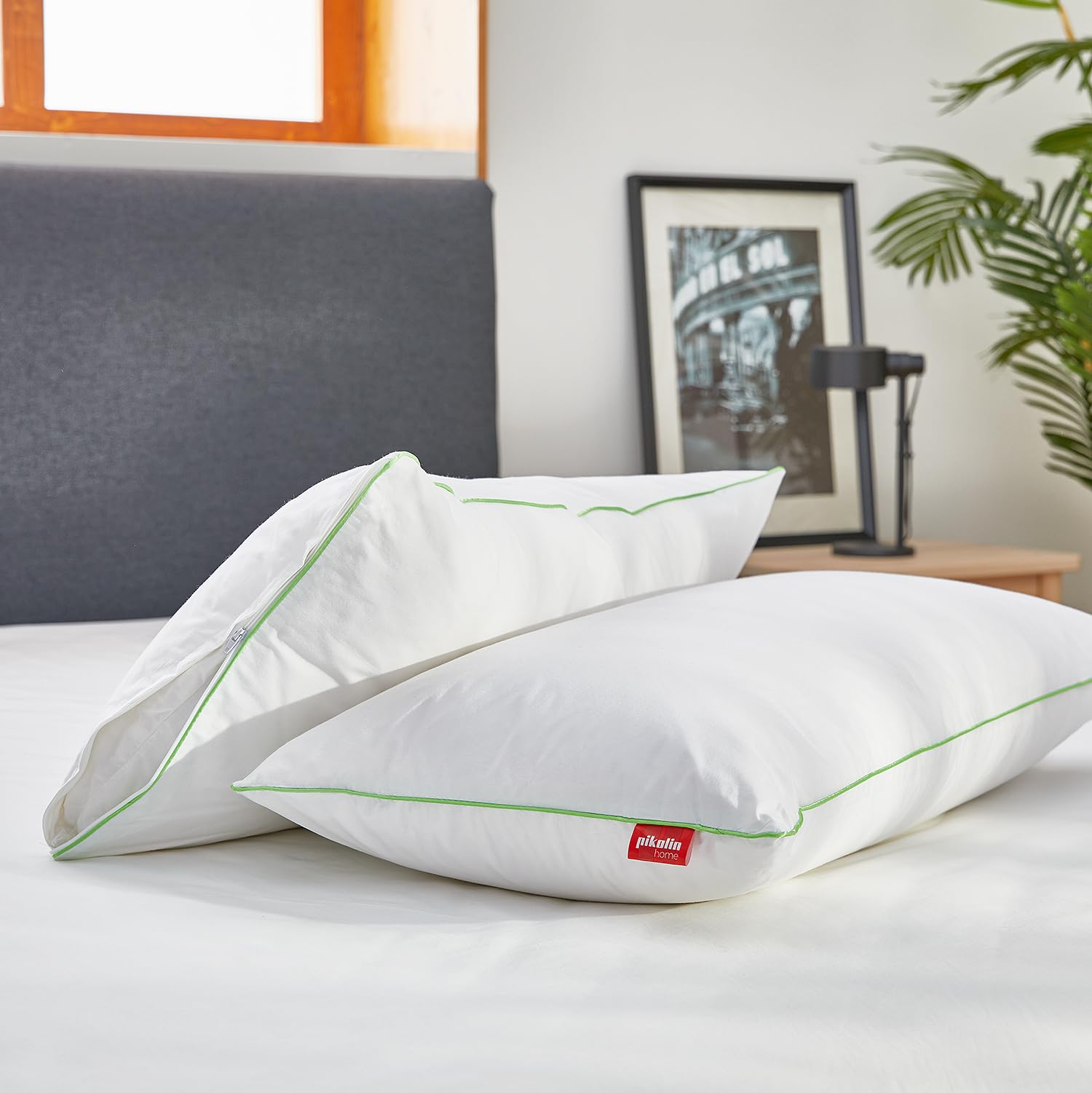 PIKOLIN Home – Almohada de Pluma (30%) y Pulmón (70%) | 70x50cm | Firmeza Media-Alta | Doble Funda de Algodón | Antiácaros | Ribete Verde | JASUMI