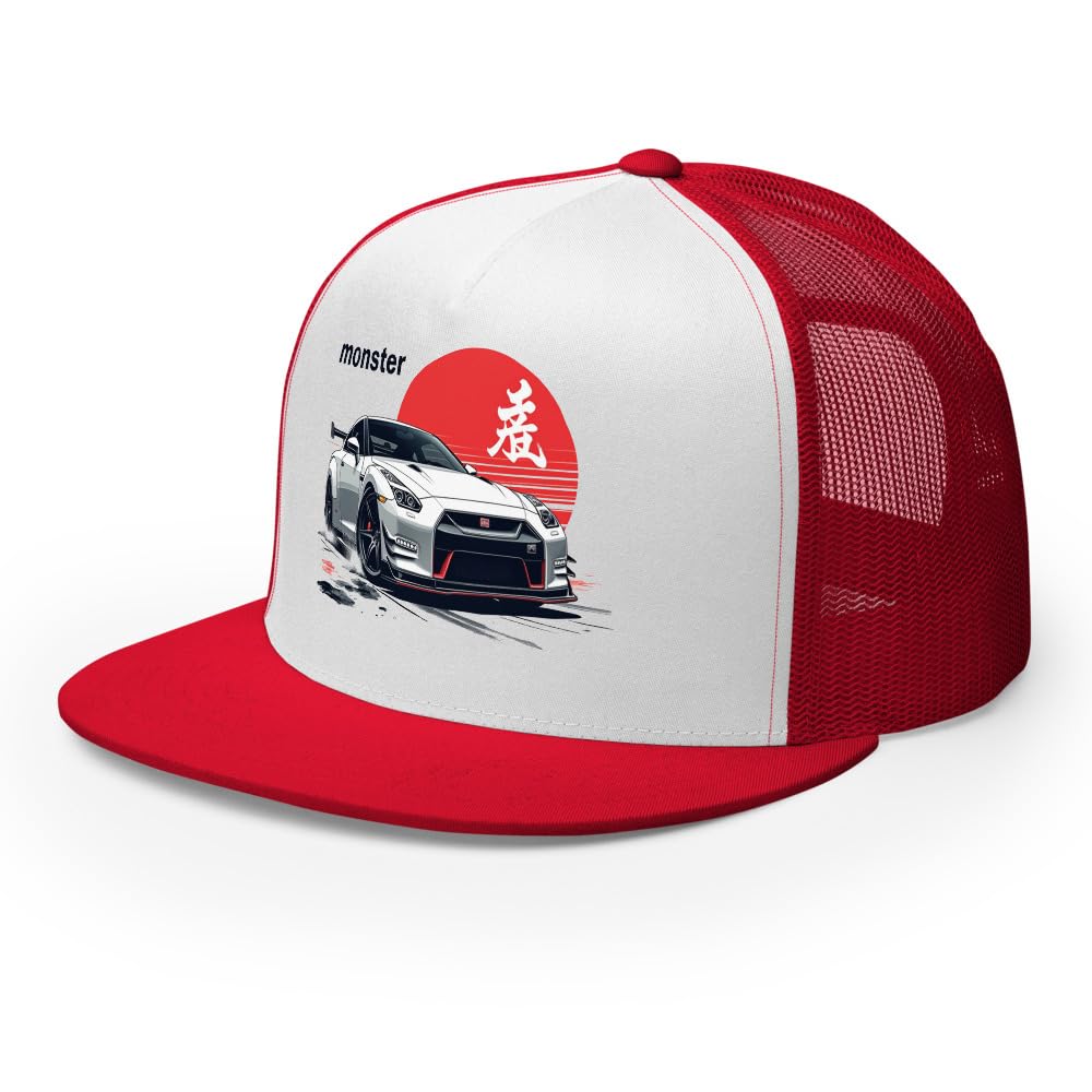 Weiße R35 GTR Monster Trucker Cap - Japanischer Sportwagen Racing Mesh Back Snapback Hat
