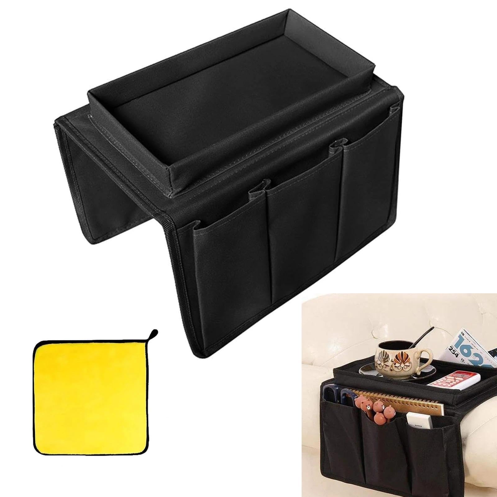 Sofa Arm Tray, Waterproof Sofa Arm Chair Table Tray, Sofa Armrest Organizer, Sofa Arm Caddy for Drinks with Yellow Rag, for Phone Magazine Tablet Book TV Remote Snacks Glasses