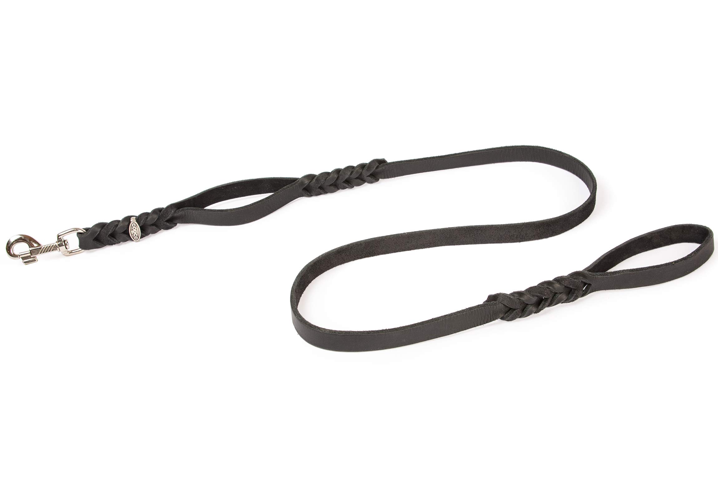 CopcoPet - Correa para perros negra 1,75 m x 20 mm de piel de vacuno de alta calidad - Correa de piel engrasada suave con mosquetón de acero - Correa trenzada con 2 correas de mano - Accesorios para