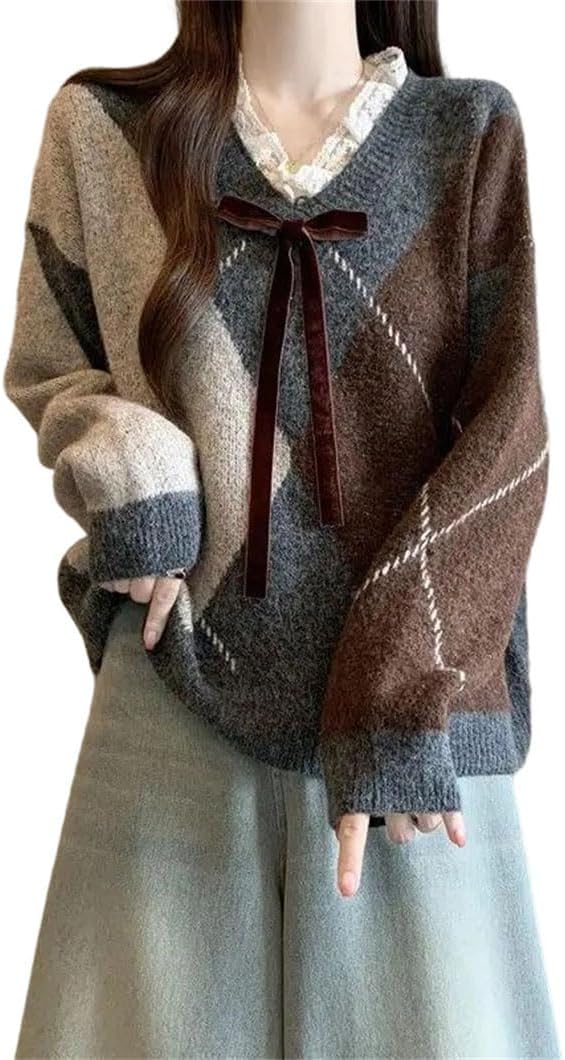 Women's Fall Winter Diamond Knitted Sweater V-Neck Lace-Up Bow Long-Sleeved All-Macth Pullover