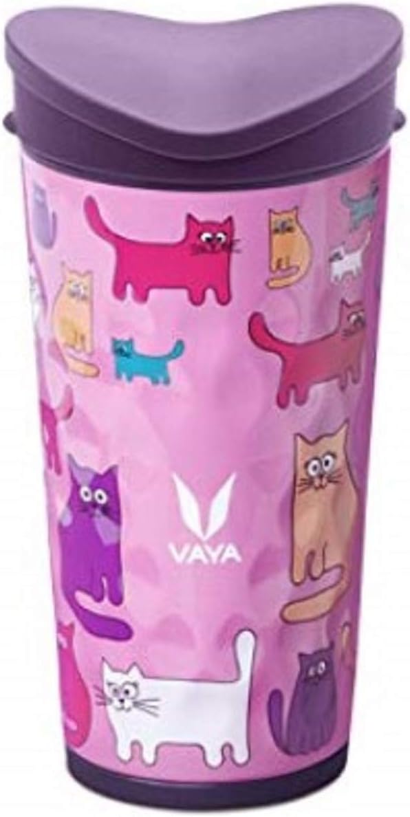 VAYA DRYNK Straw-less Silicone Spout Stainless Steel Tumbler with Spill-Proof PediaSafe Lid for Kids (Cats, 350 ml)