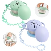 Daximo 2 Pack Toddler Snack Cups 5-in-1 Snack Cups for Toddlers Spill Proof with Suction Cup and Anti-Loss Rope, Detachable Stainless Steel Cups with Silicone Lids & Handles Blue and Green
