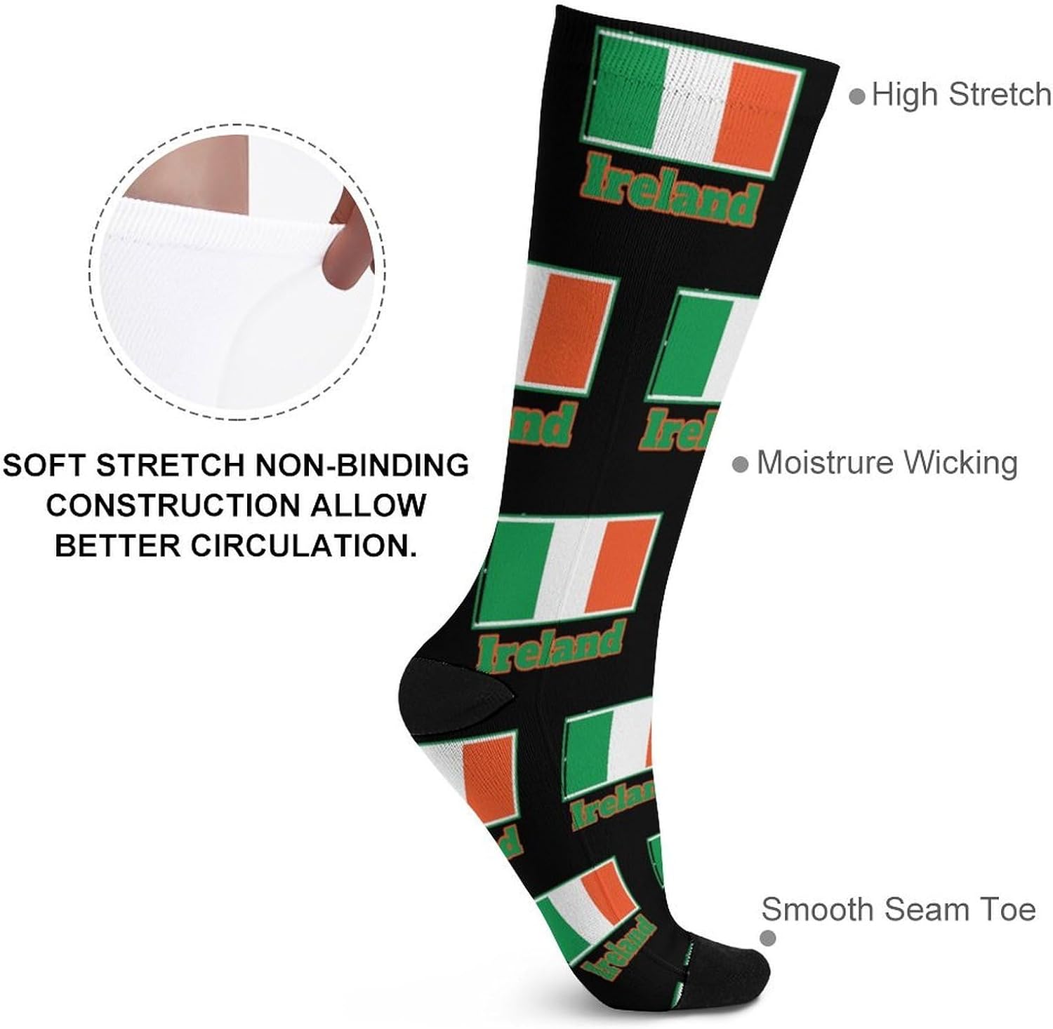 Ireland Irish Flag Knee High Socks Athletic Long Stockings Sport Casual Crew Tube Sock Boot 46cm