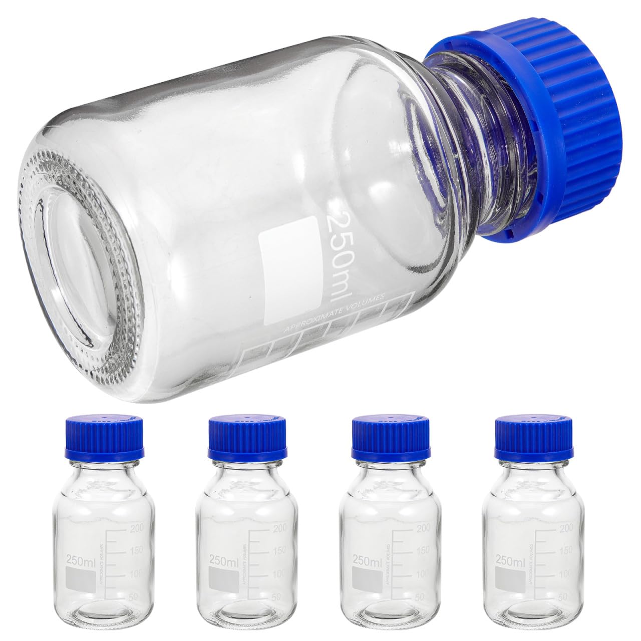 Set di 4 Bottiglie Reagenti in Vetro da 250ml con Tappo a Vite Blu, Resistenti e Riutilizzabili per Laboratori Chimici e Istituti Scientifici
