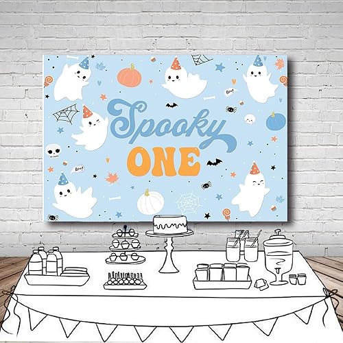 Miniatura 4 de MEHOFOND Telón de fondo de feliz cumpleaños de Halloween de 7 x 5 pies para niños, 2 segundo cumpleaños, Little Boo is Turrning dos suministros de