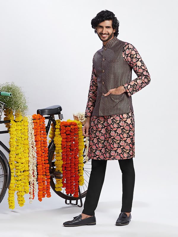 Ensemble veste kurta pour homme noir coton confortable coupe régulière M