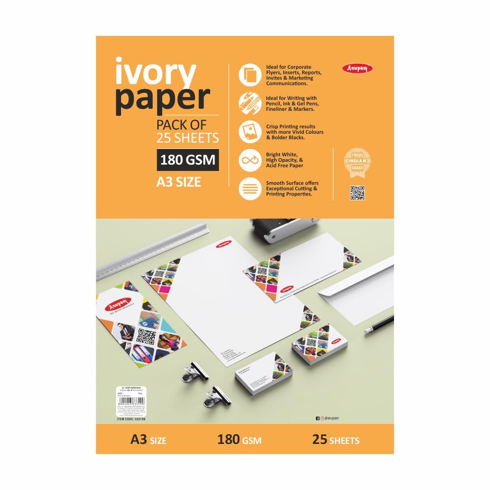 Anupam Ivory Paper - Acid Free - 25 Loose Sheets - 180 GSM - A3 - Art,Craft, Painting and project work