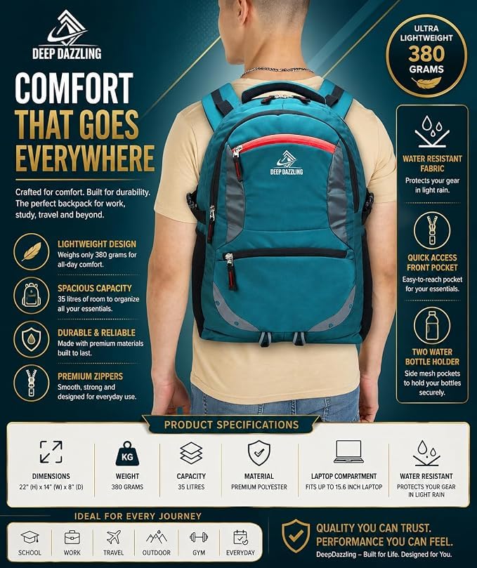 Image of 35L Large Laptop Backpack For Men & Women with Bottle Pocket | Padded Shoulder Straps, Multi Compartments | Travel,Office School & College Bag |Backpack,Heavy-Duty Zippers.