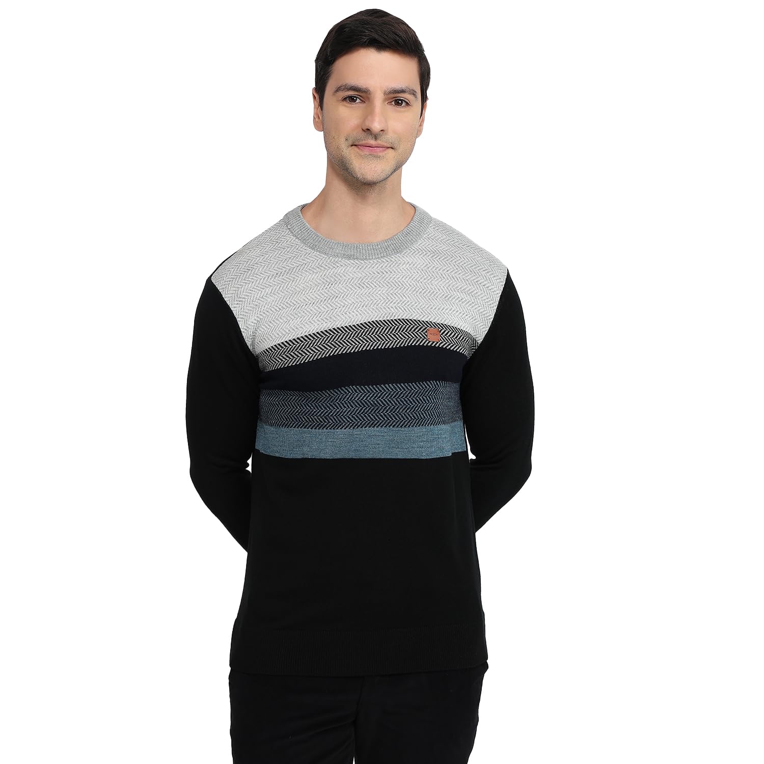colorplus Men Regular Fit Jacquard Pattern Pure Acrylic Full Sleeve V Neck Casual Sweater Grey-picture-25