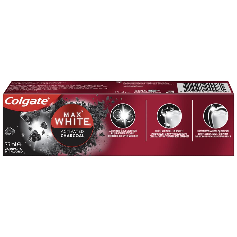 Colgate Pasta do zębów Max White Charcoal 75 ml – pasta do zębów z węglem aktywnym, usuwa do 100% przebarwień powierzchniowych