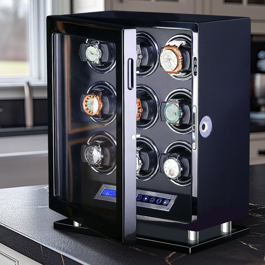 Relojero Automatico, Caja Relojes Automáticos Enrollado Vertical de 90° 3 Winding Slots | Desbloqueo Mediante Huella Dactilar Control Mediante Pantalla Táctil Iluminación Ambiental Ultrasilencioso <10 Db