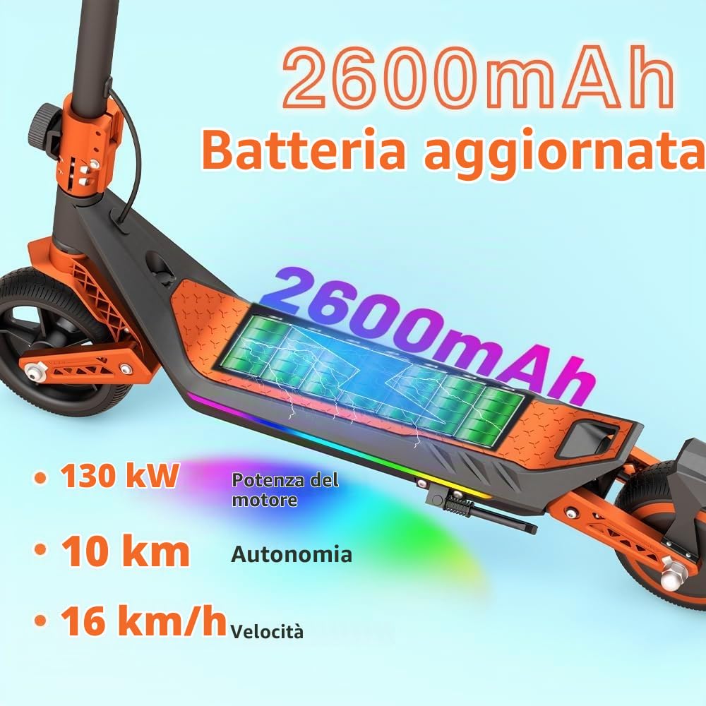 Monopattino Elettrico per Ragazzi U8 Fuoristrada - Doppia Sospensione - 16km/h Max, 10km Autonomia - Pieghevole e Leggero (6.7kg) - Motore 110W - Per Bambini 8-16 Anni (Arancio)
