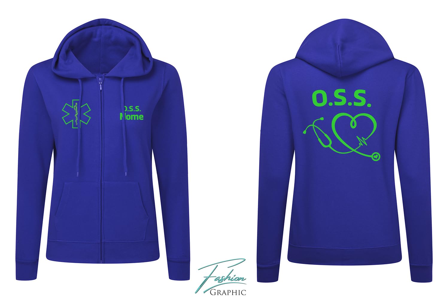 Fashion Graphic Felpa Donna OSS operatore Socio, Divisa OSS Blu, Felpa Donna con Cappuccio con Zip Personalizzata, Felpa Infermiera con Zip Taglie da XS a XL