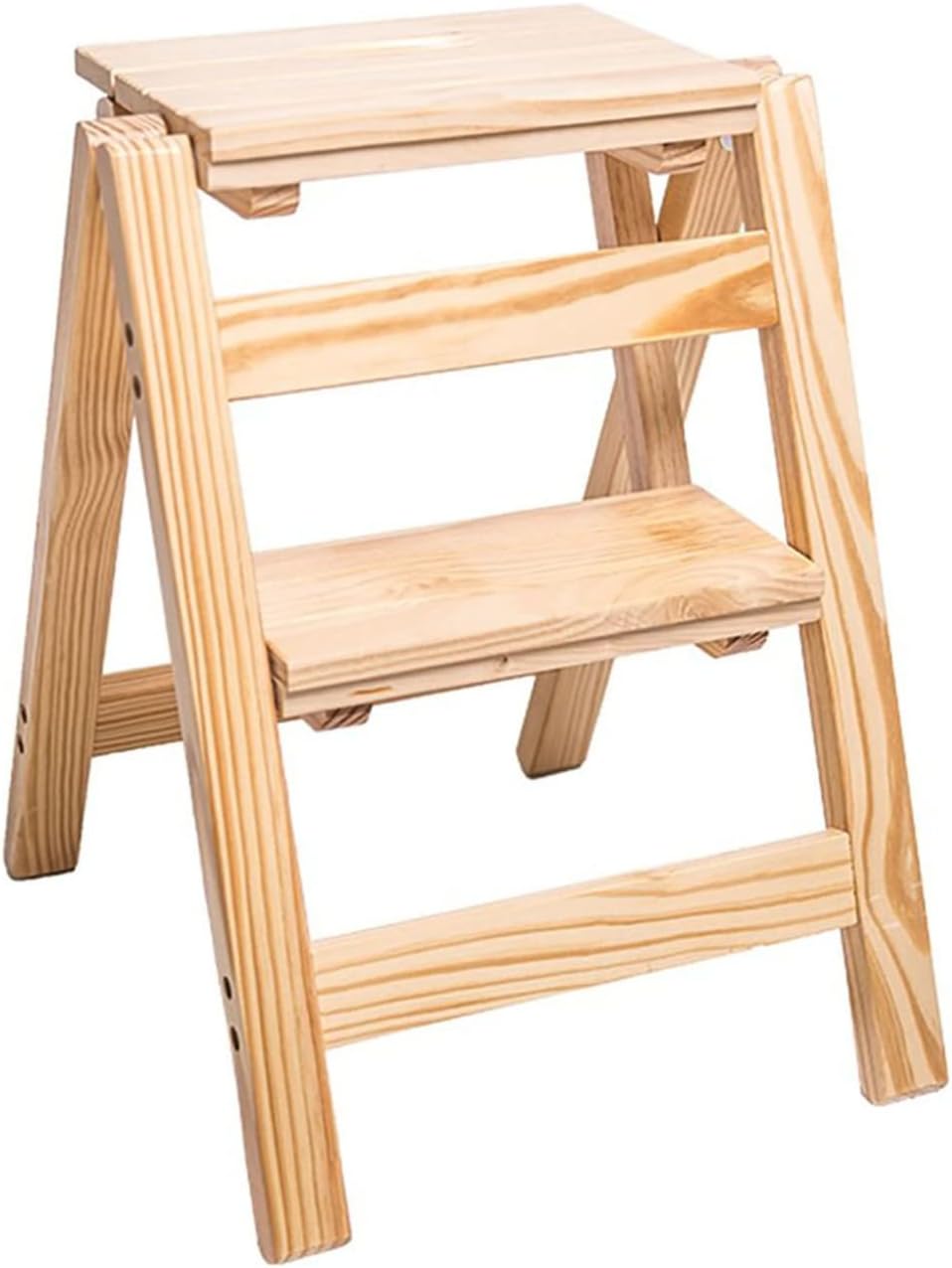 Folding Fold Up Library Steps Multifunctional Wooden Ladder Stool Kitchen Office Use Ladder Chair with 2 Steps - Wood Color 150kg Capacity