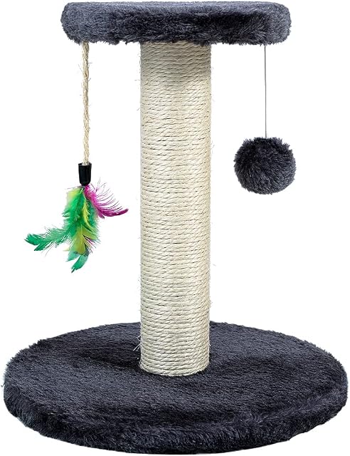 Cat Scratching Post 30cm for Small Kitten with Sisal Rope, Feather & Hanging Toy Ball  Cat Scratcher Board for Cats Indoor Play with Dangling Ball and Covered with Soft Smooth Plush (Grey)