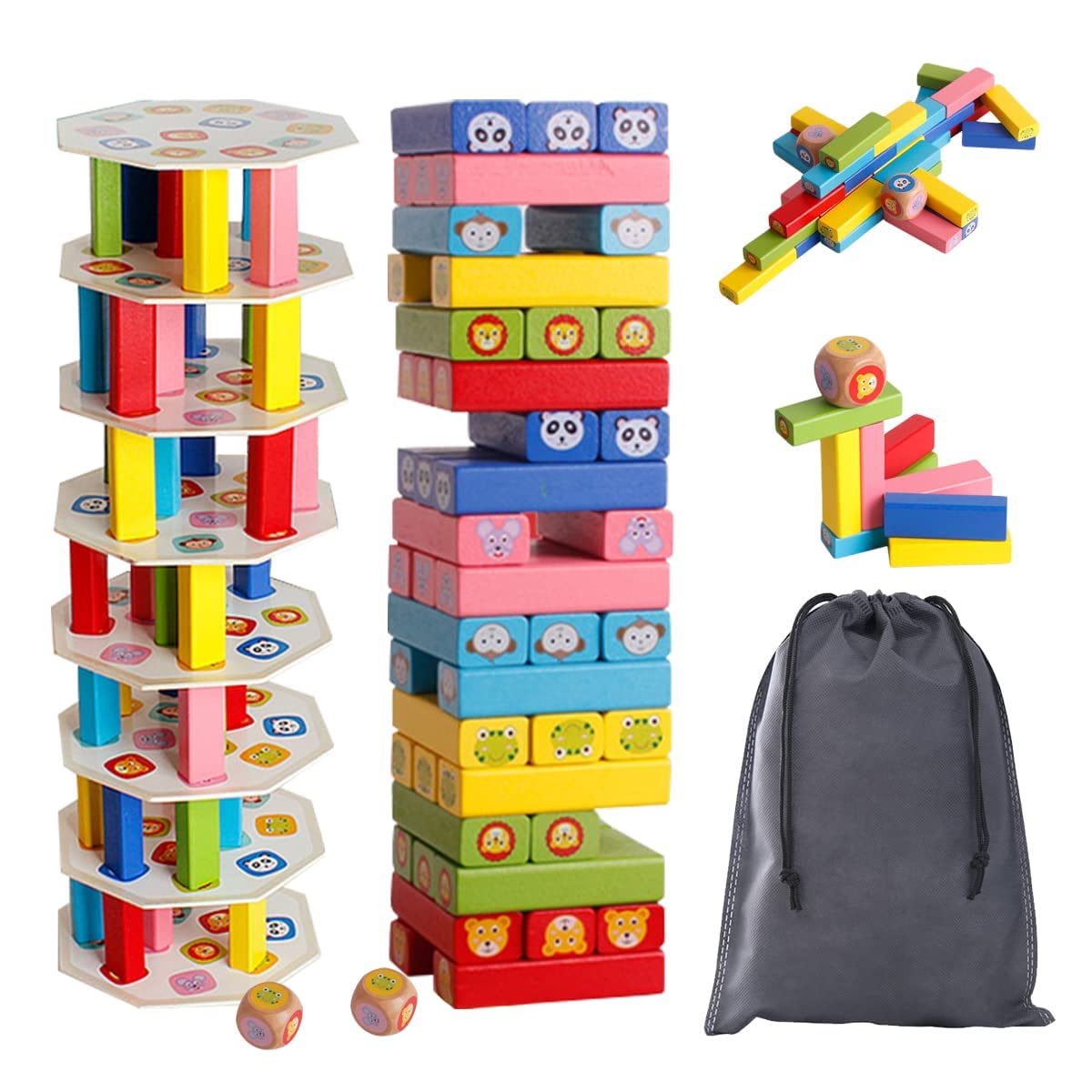 PYEBEWooden Blocks Stacking Board Games,Families Interactive Toys,Tumbling Tower,Dice Toppling Leaning Tower Toy Colored Tumble Tower Games with Animal Pictures for Kids Boys Girls