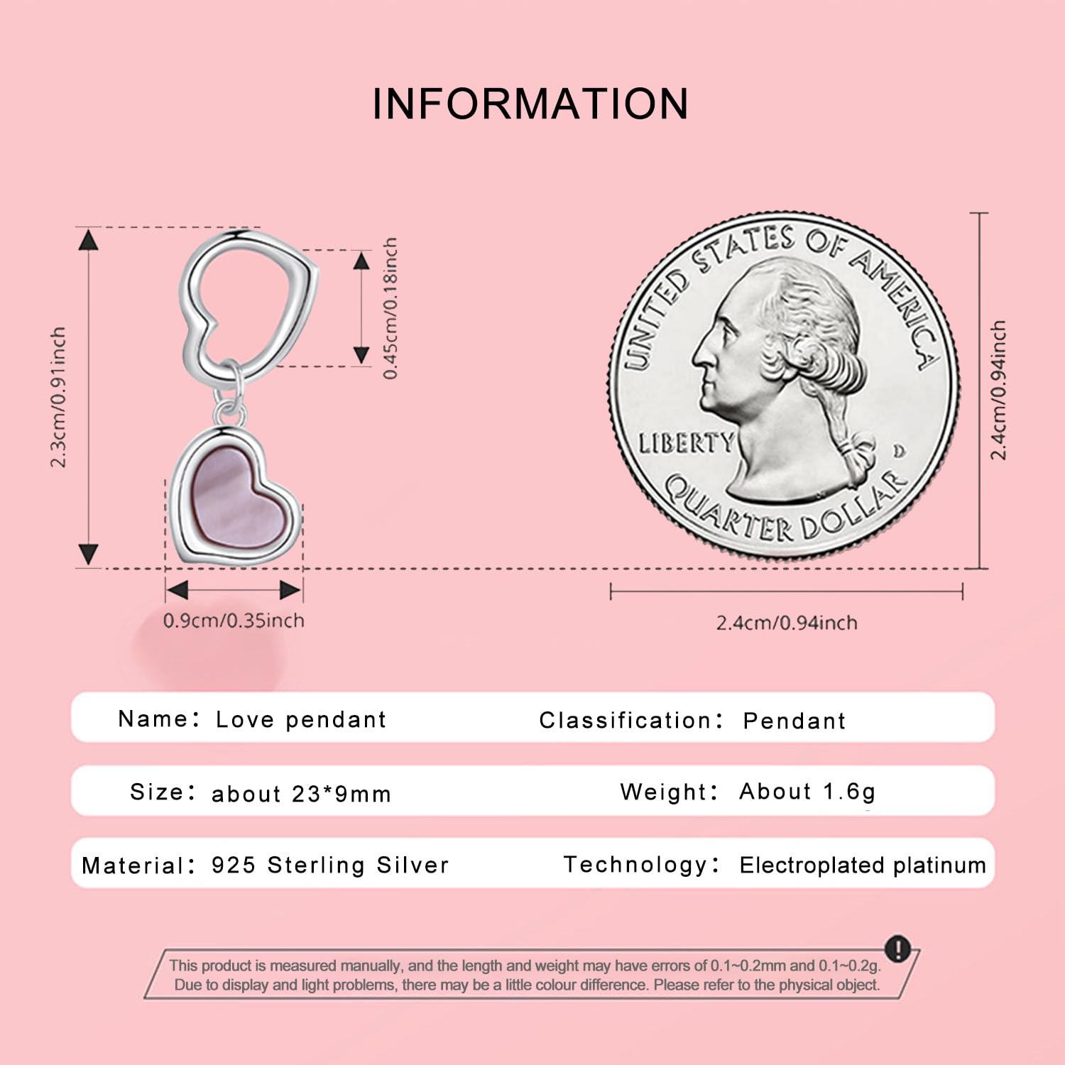 Genérico Dije de corazón de concha rosa, dijes de doble corazón, cuentas de plata de ley 925 para pulseras y collares europeos
